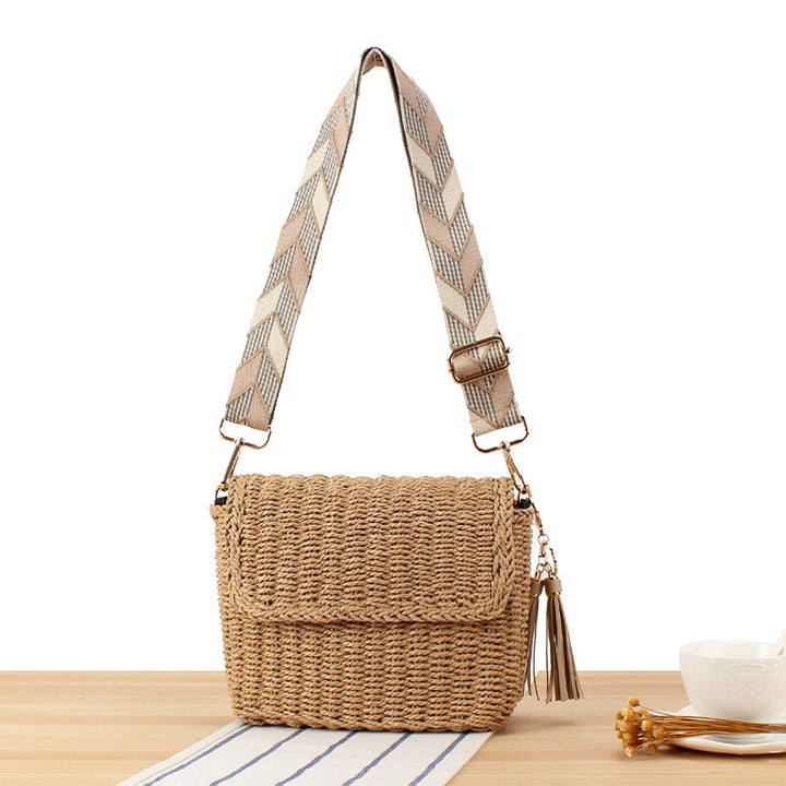 Woven Raffia Shoulder Bag with Decorative Shoulder Strap Kalsten