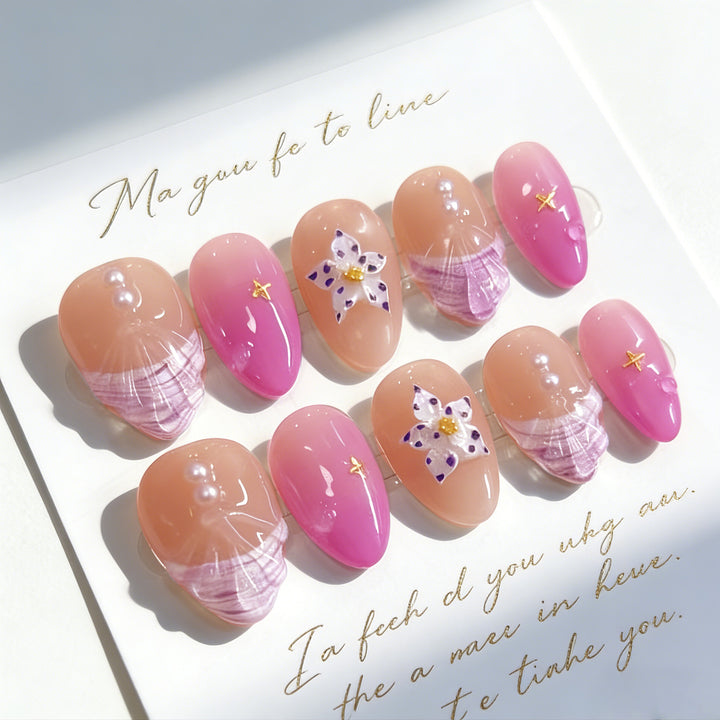 Artistic Press-On Nail Set with Floral and Pearl Accents