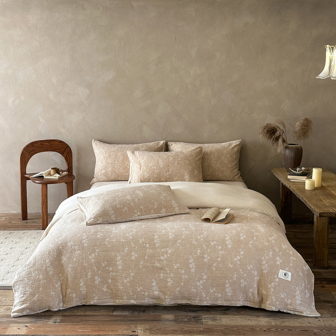 Luxurious cotton-linen bedding set with a lightweight quilted texture and floral jacquard