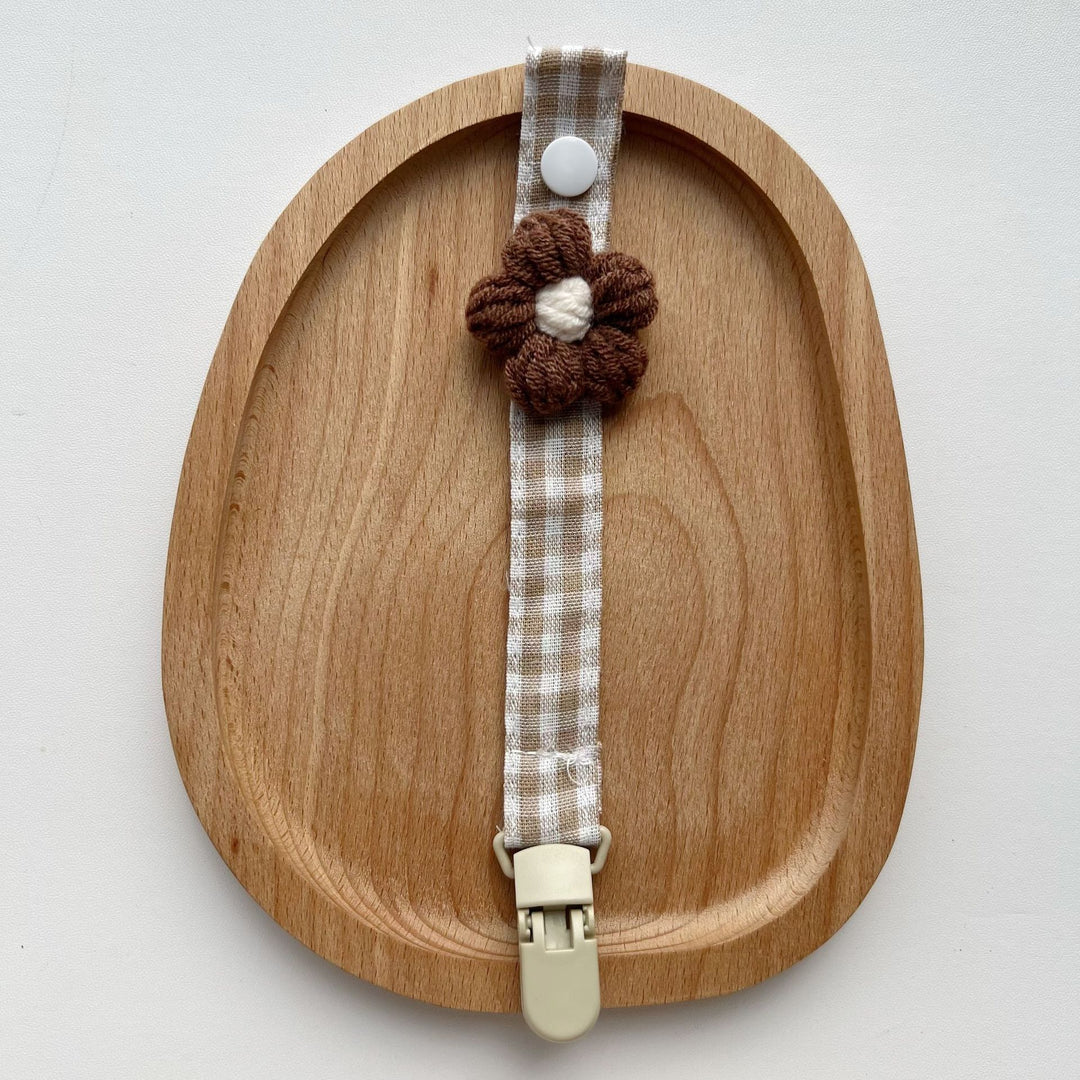 Gingham Linen-Style Crochet Flower Pacifier and Teether Clip