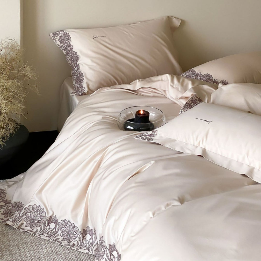 Cotton satin duvet cover set with fine floral border embroidery and silky feel