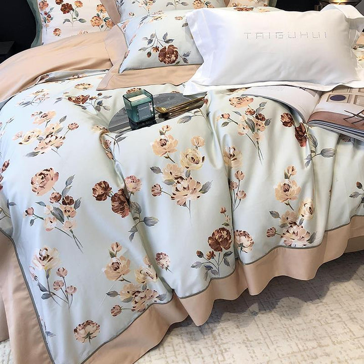 Premium Satin Duvet Cover Set with Delicate Watercolor Floral Print and Elegant Ruffle Edge