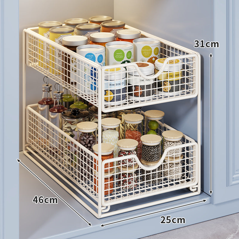 Two-Tier Metal Wire Pantry Basket Organizer with Slide-Out Drawers