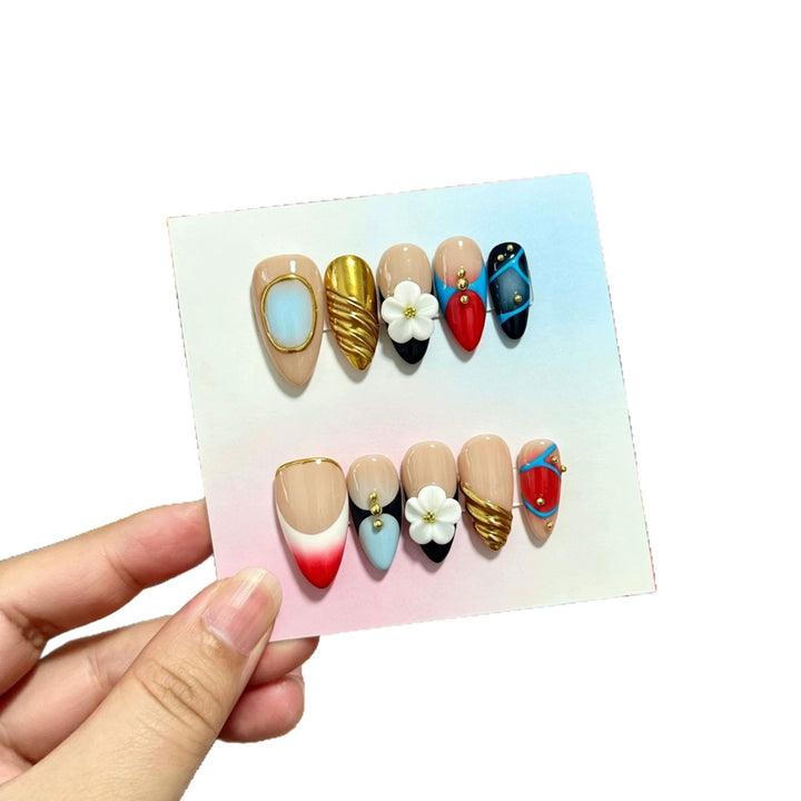 3D Floral Decorative Press-On Nails with Gem Accents