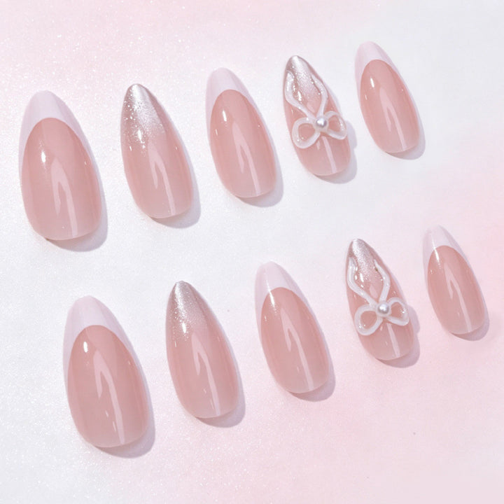Elegant Press-On Nail Set with Bow and Glitter Accents
