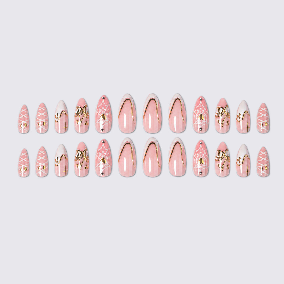 Acrylic nail set with elegant spider designs and golden accents Kalsten