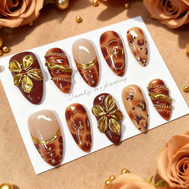 Artistic Press-On Nail Set with Gold Embellishments Kalsten