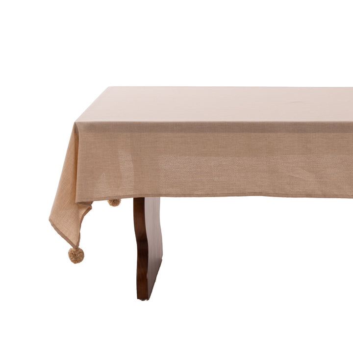 Woven tablecloth with ethnic Aztec pattern and pompom tassels
