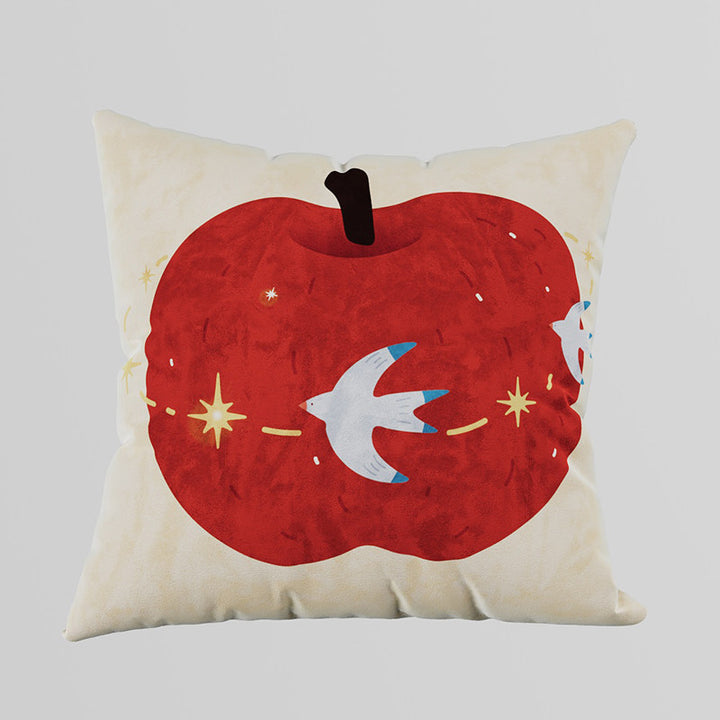Decorative Velvet Square Throw Pillow with Illustrated Apple & Swallow Motif