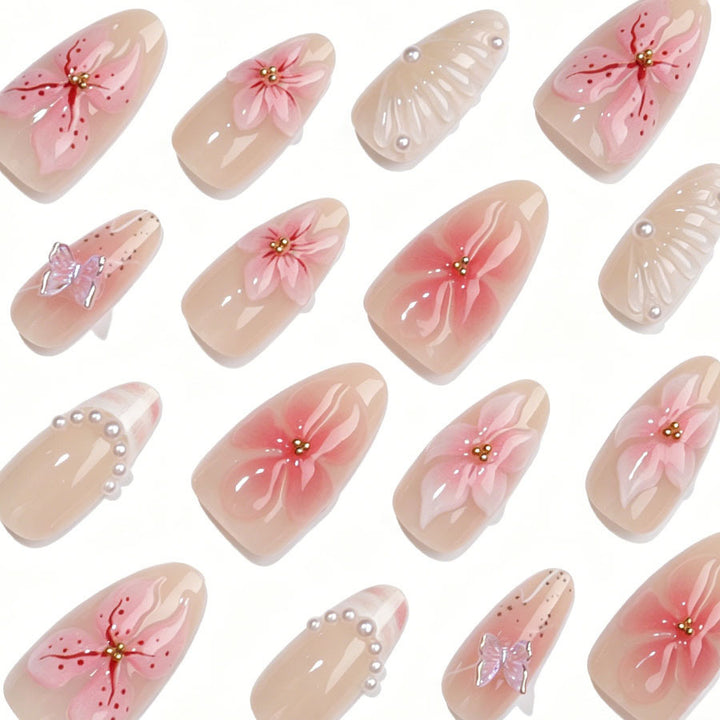 Artificial nail set with floral decorations and 3D accents Kalsten