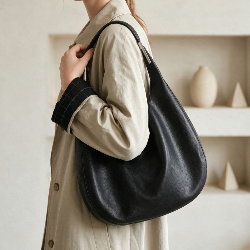 Soft Pebbled Slouch Hobo Shoulder Bag with Metal-Trim Handle