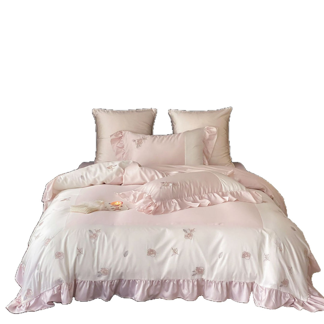 Elegant satin bedding set with ruffle and fine rose embroidery