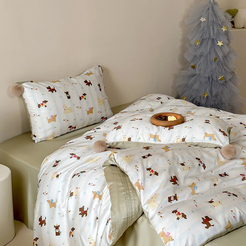 Children's bedding set with cute bunny print, pom-pom corners, and soft cotton satin