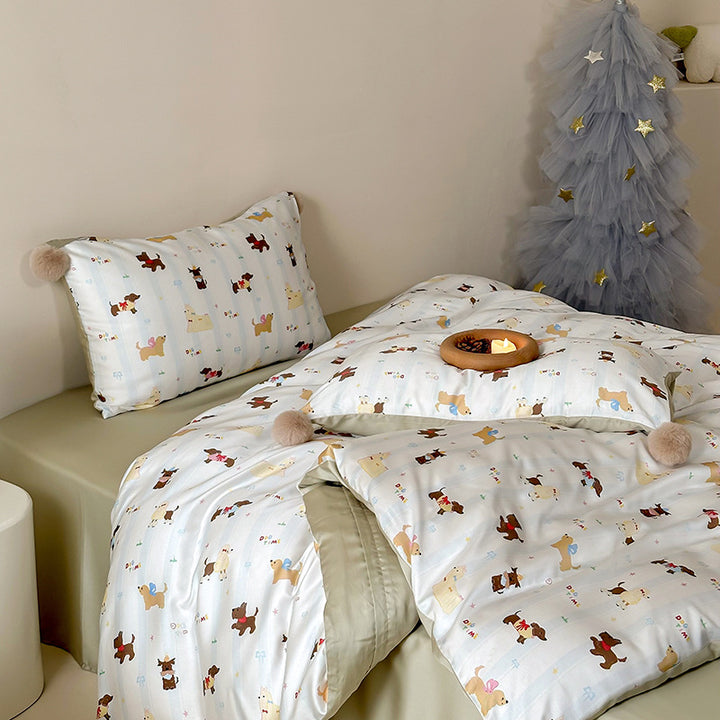 Children's bedding set with cute bunny print, pom-pom corners, and soft cotton satin