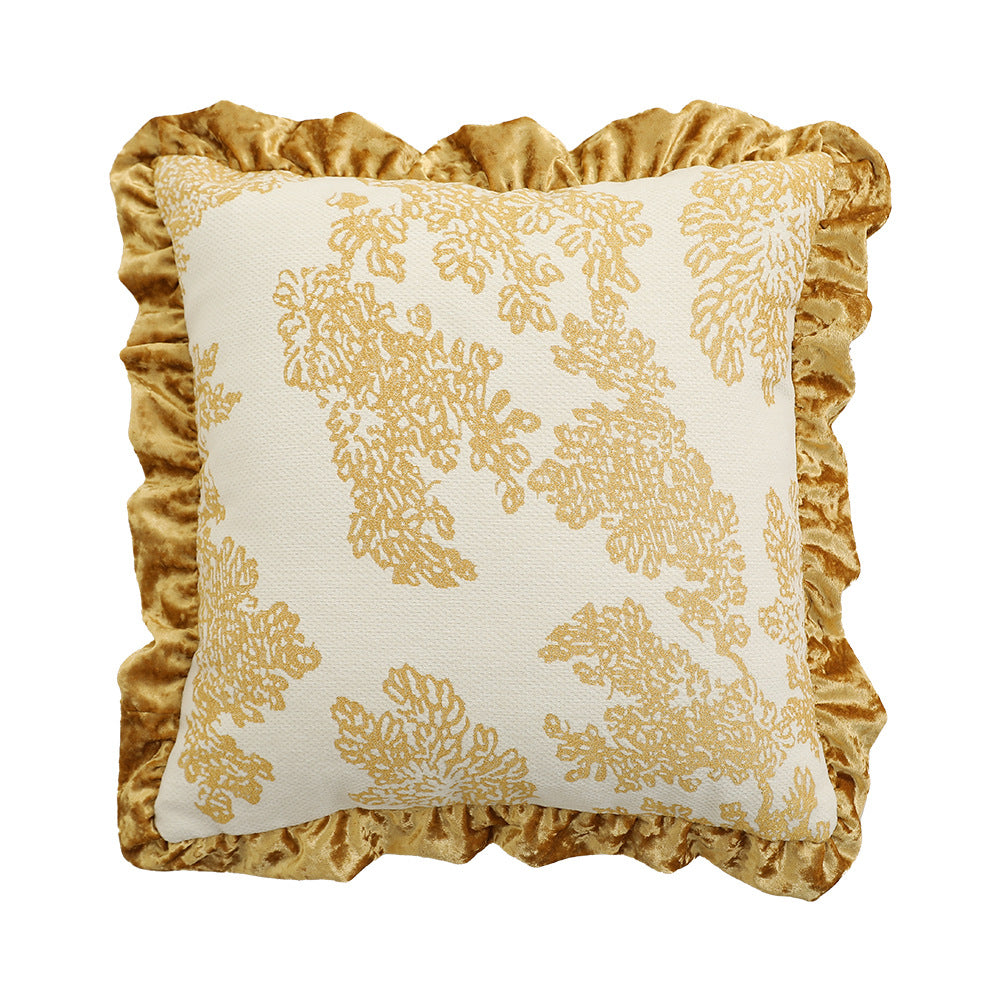 Square decorative pillow in Baroque style with velvet ruffle and putto jacquard