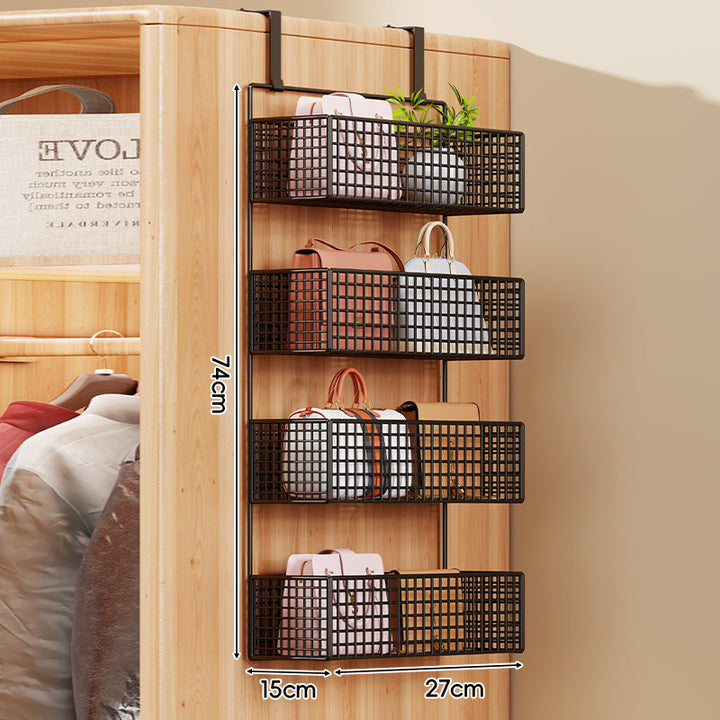 Over-Door Four-Tier Metal Mesh Hanging Storage Organizer with Integrated Hooks