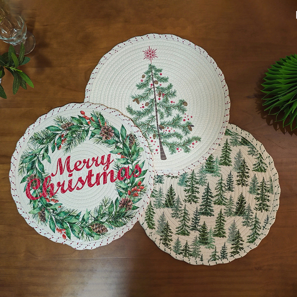 Round Christmas tree skirt made of woven cotton blend fabric with reindeer and pine branch motif