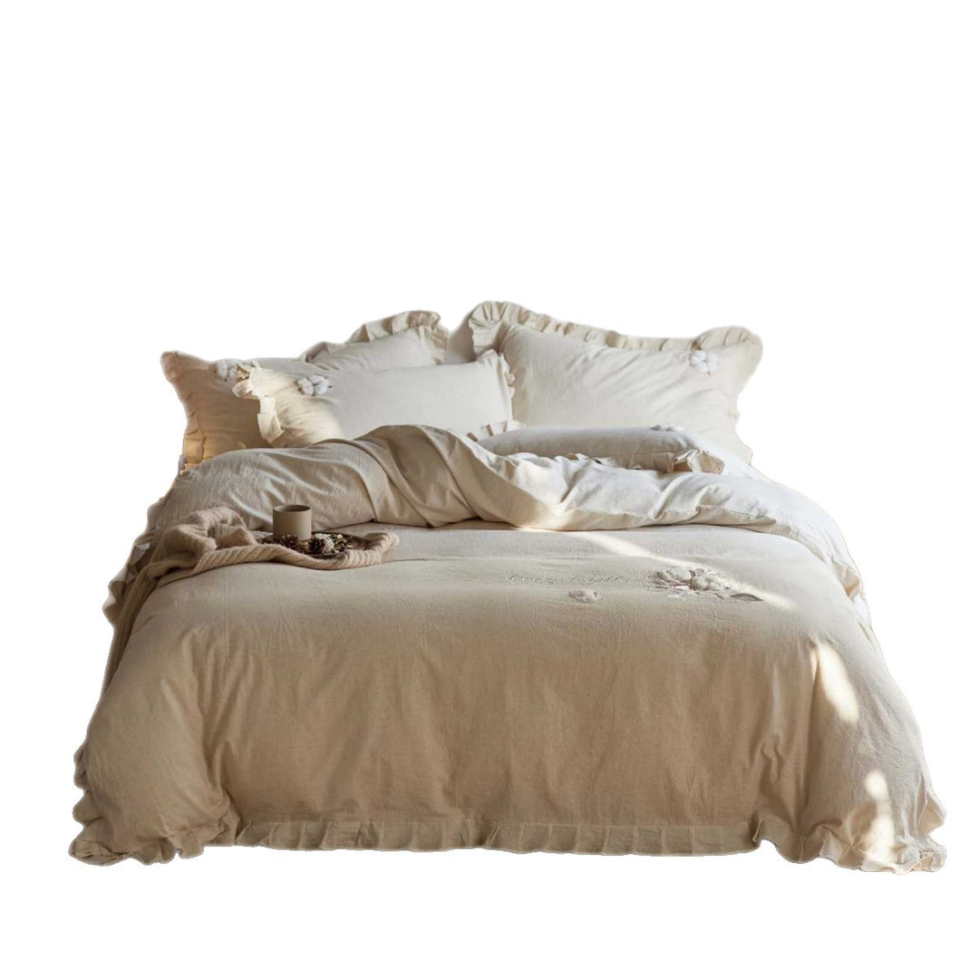Cotton-Linen Duvet Cover Set with Ruffles and Embroidered Floral Design
