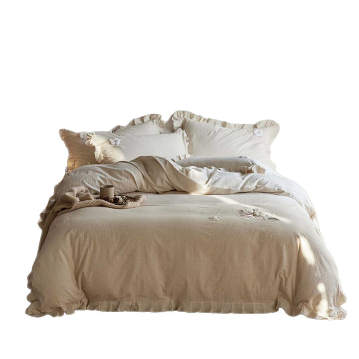 Cotton-Linen Duvet Cover Set with Ruffles and Embroidered Floral Design