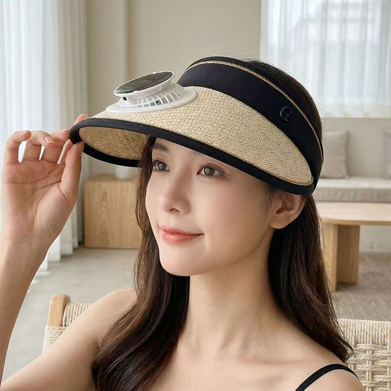 Foldable straw hat visor with integrated solar fan, adjustable neck strap, and breathable sweatband Kalsten