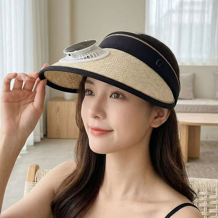 Foldable straw hat visor with integrated solar fan, adjustable neck strap, and breathable sweatband Kalsten