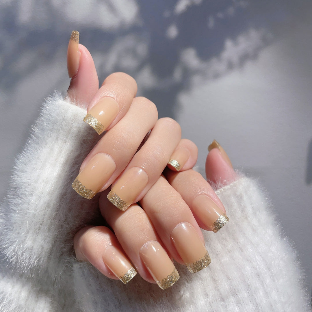 Elegant French Tip Press-On Nails Set with Glitter Accents