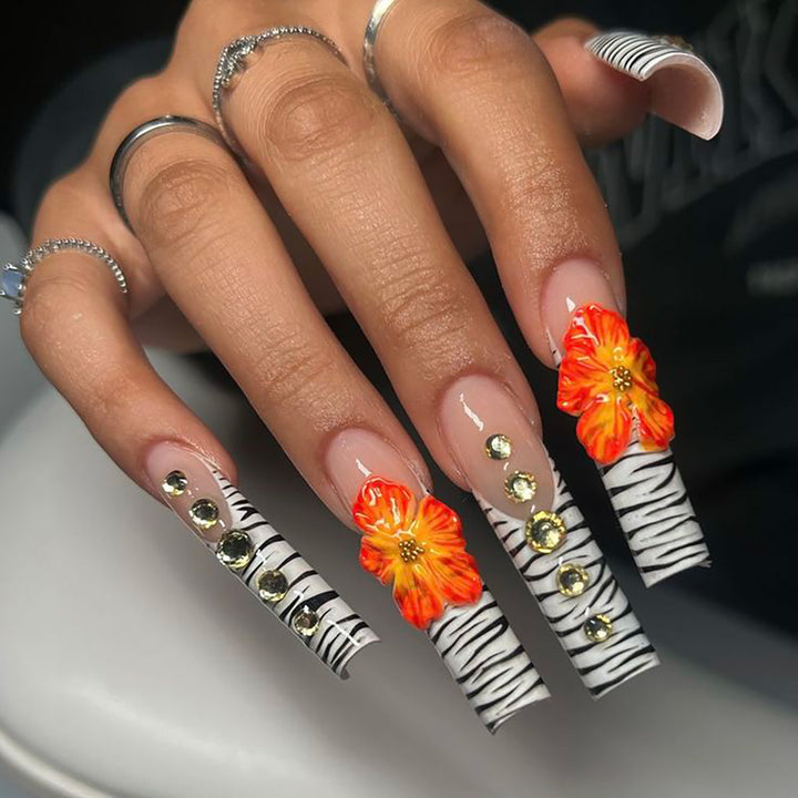 Artistic Floral and Zebra Print Press-On Nails Kalsten