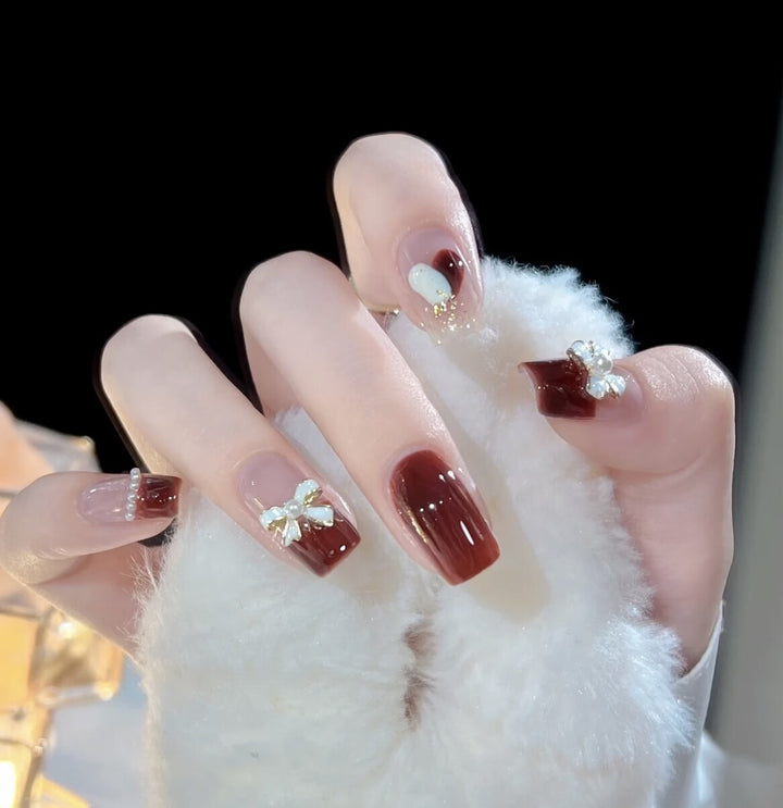 Elegant Press-On Nail Art Set with Decorative Floral and Bow Accents Kalsten