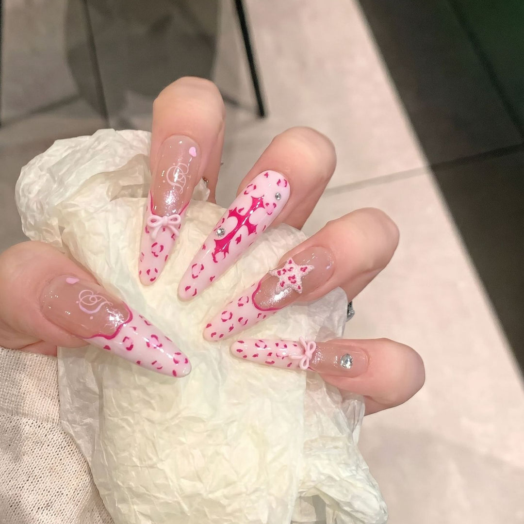 Artistic Stiletto Press-On Nail Set with Heart and Bow Design Kalsten