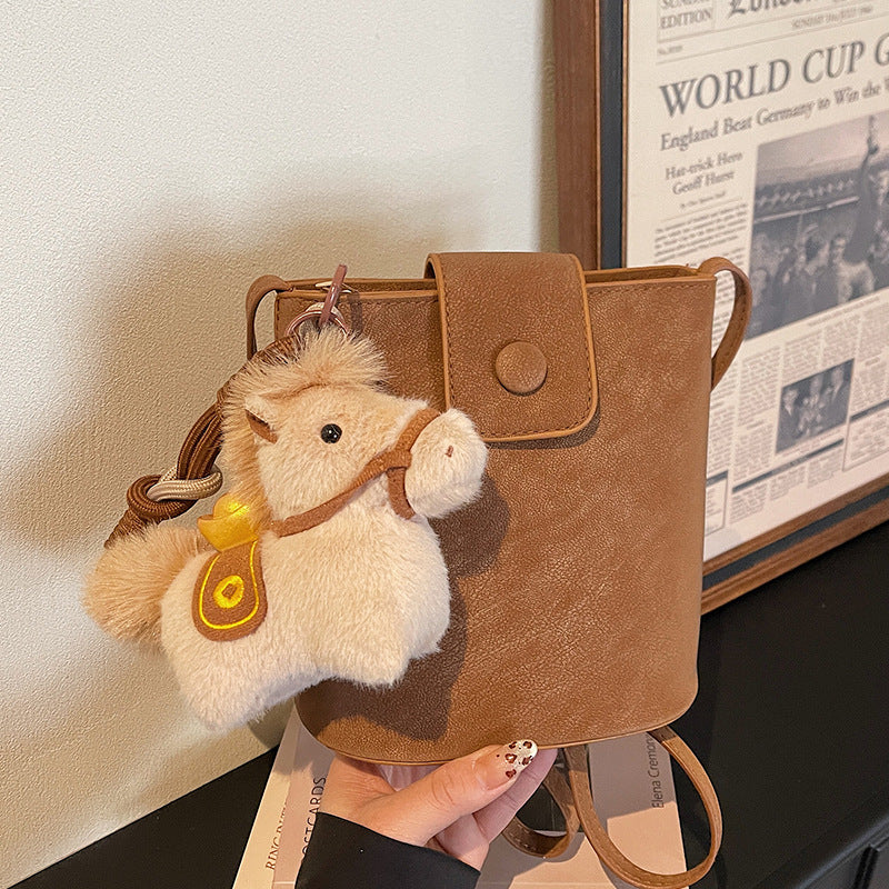 Compact Crossbody Bag with Cute Plush Charm