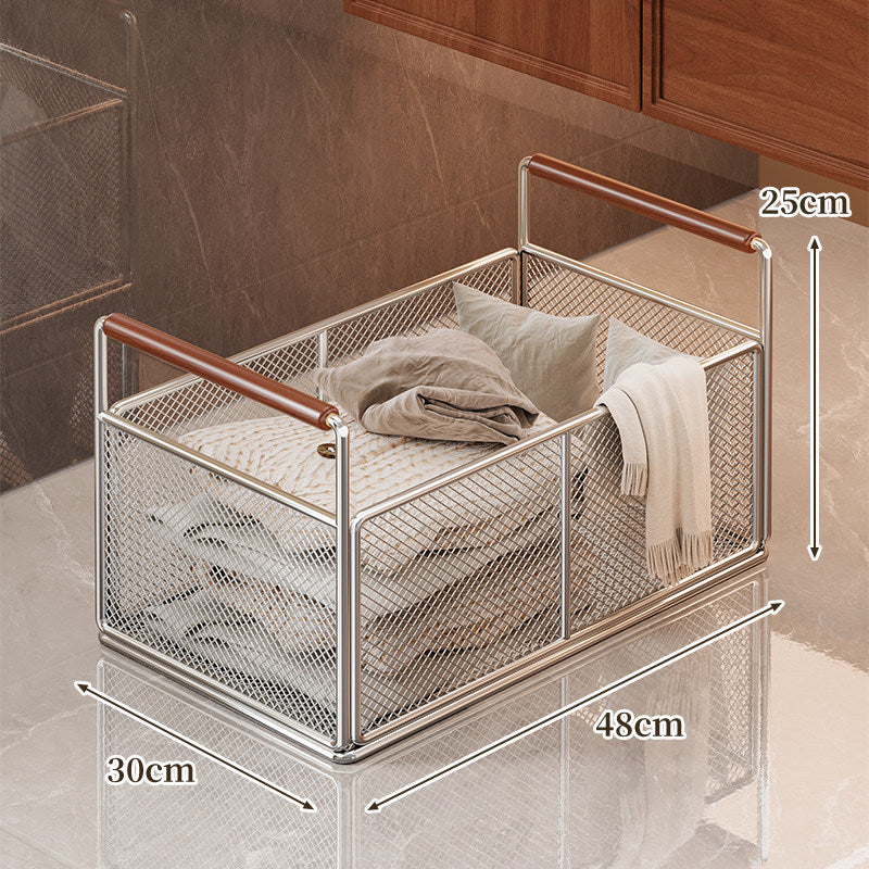 Rectangular Mesh Pull-Out Cabinet Storage Basket with Wooden Handles