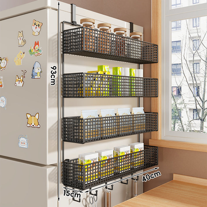 Over-Refrigerator Vertical Hanging Mesh Storage Rack with Deep Baskets and Hook Rail