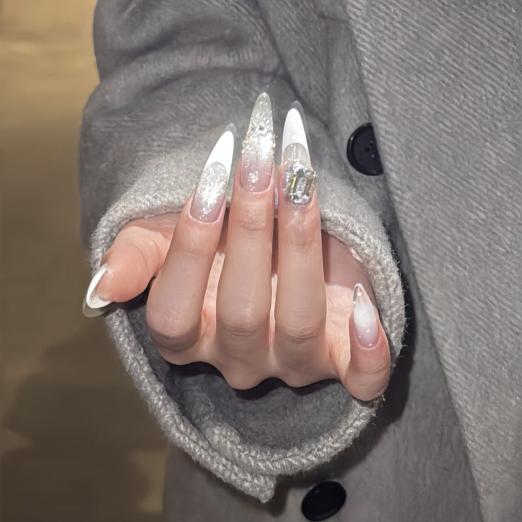 Premium French Tip Nail Extensions with Crystal Accents