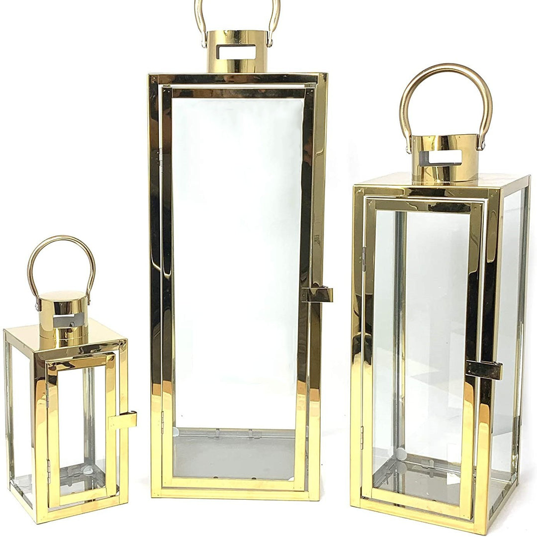 Stainless-Steel Glass Panel Rectangular Lanterns with Ring Handles and Hinged Door Kalsten