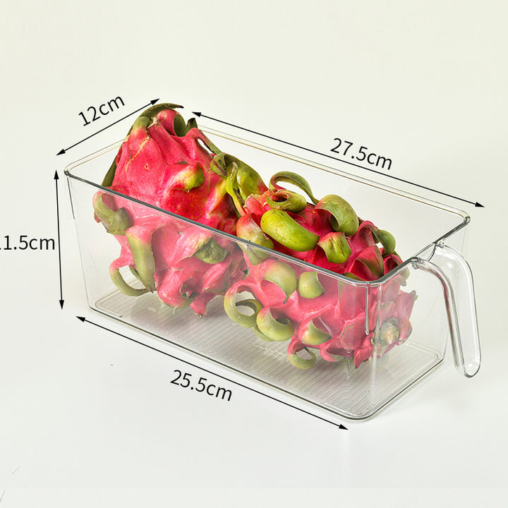 Fridge organizer with handle made of clear plastic for door and shelf storage
