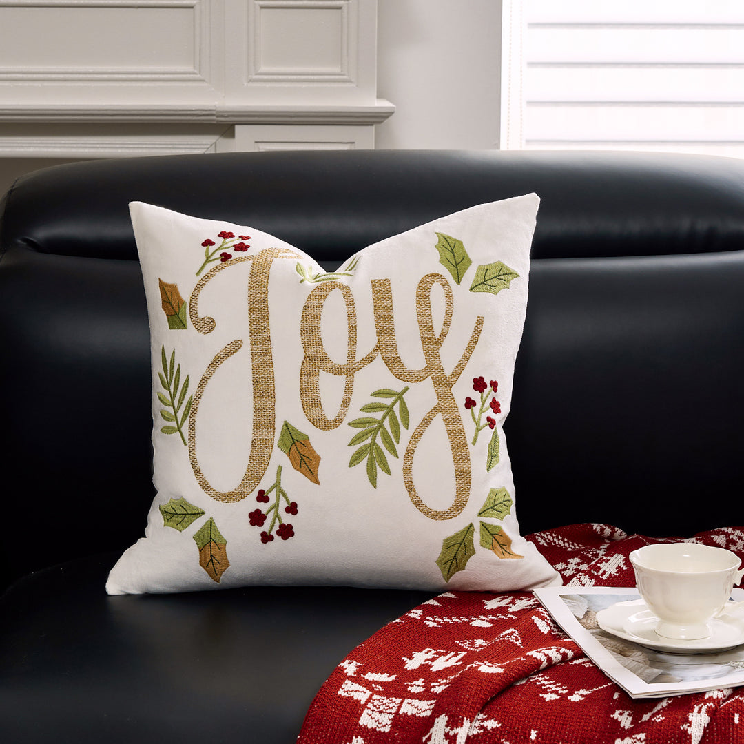 Velvet Embroidered Festive Accent Pillow Cover with Metallic Script