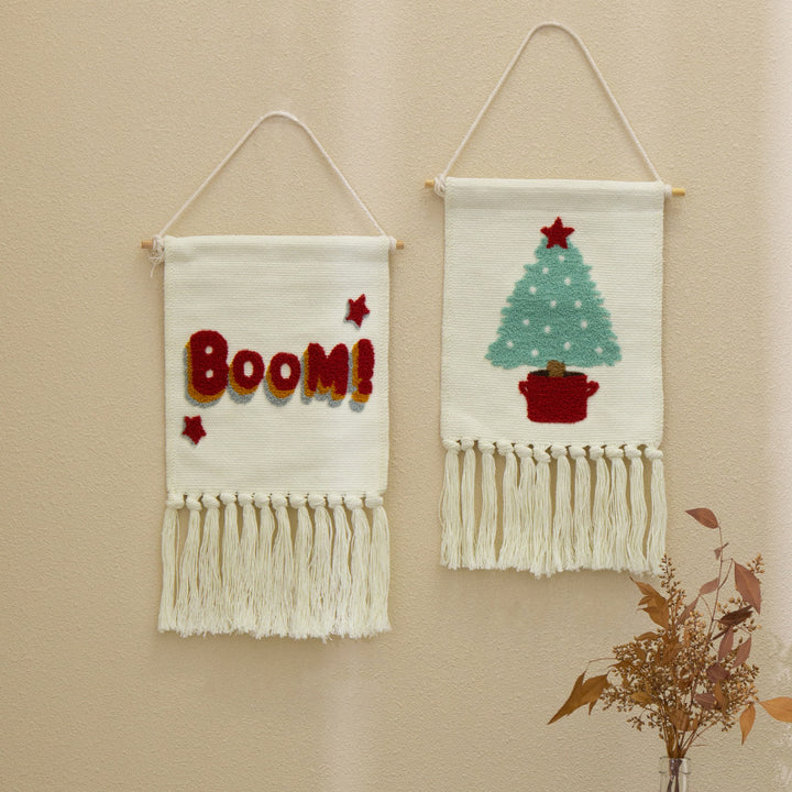 Tufted wall hanging with cactus motif, cotton fringes and wooden stick