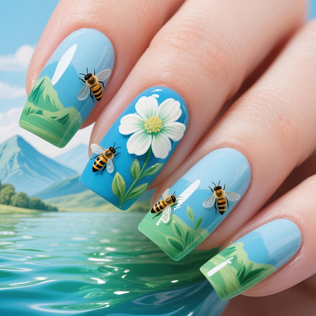 Artificial nails with floral and bee motifs Kalsten