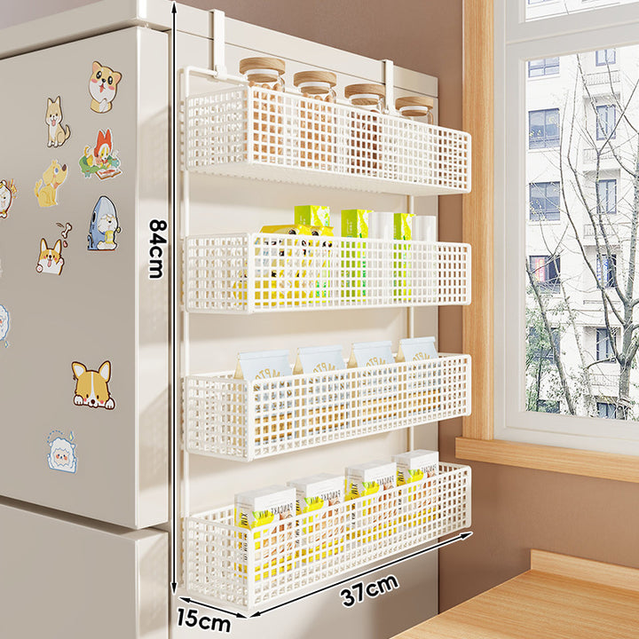 Over-Refrigerator Vertical Hanging Mesh Storage Rack with Deep Baskets and Hook Rail