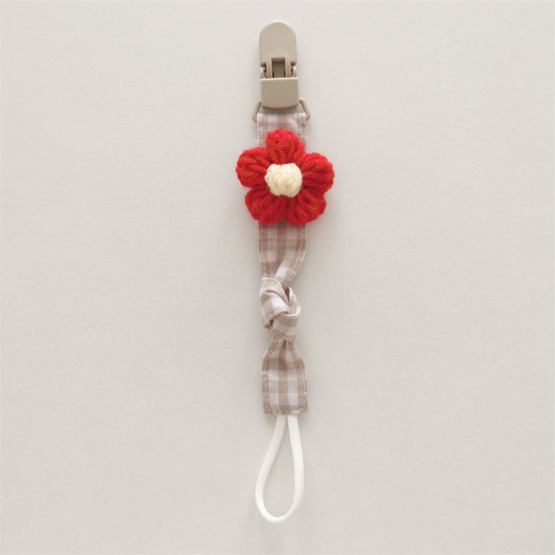 Handmade Cotton Pacifier Clip with Gingham Strap and Knitted Flower