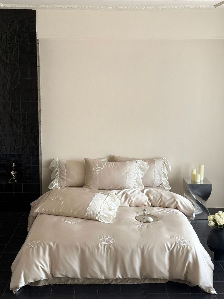 Luxurious satin bedding set with ruffles and embroidery Kalsten