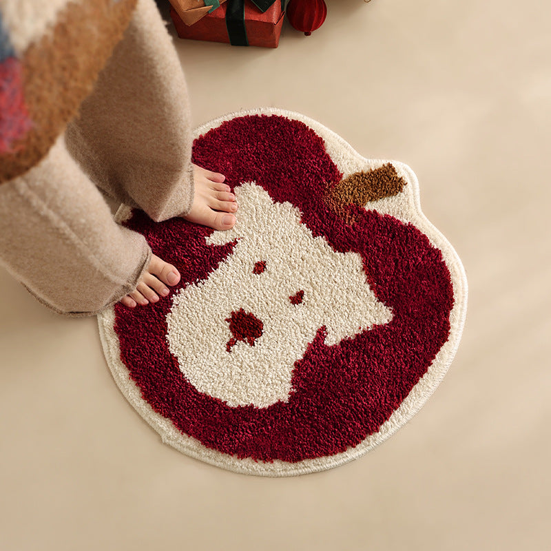 Round tufted floor mat rug in apple shape with dog face and non-slip underside