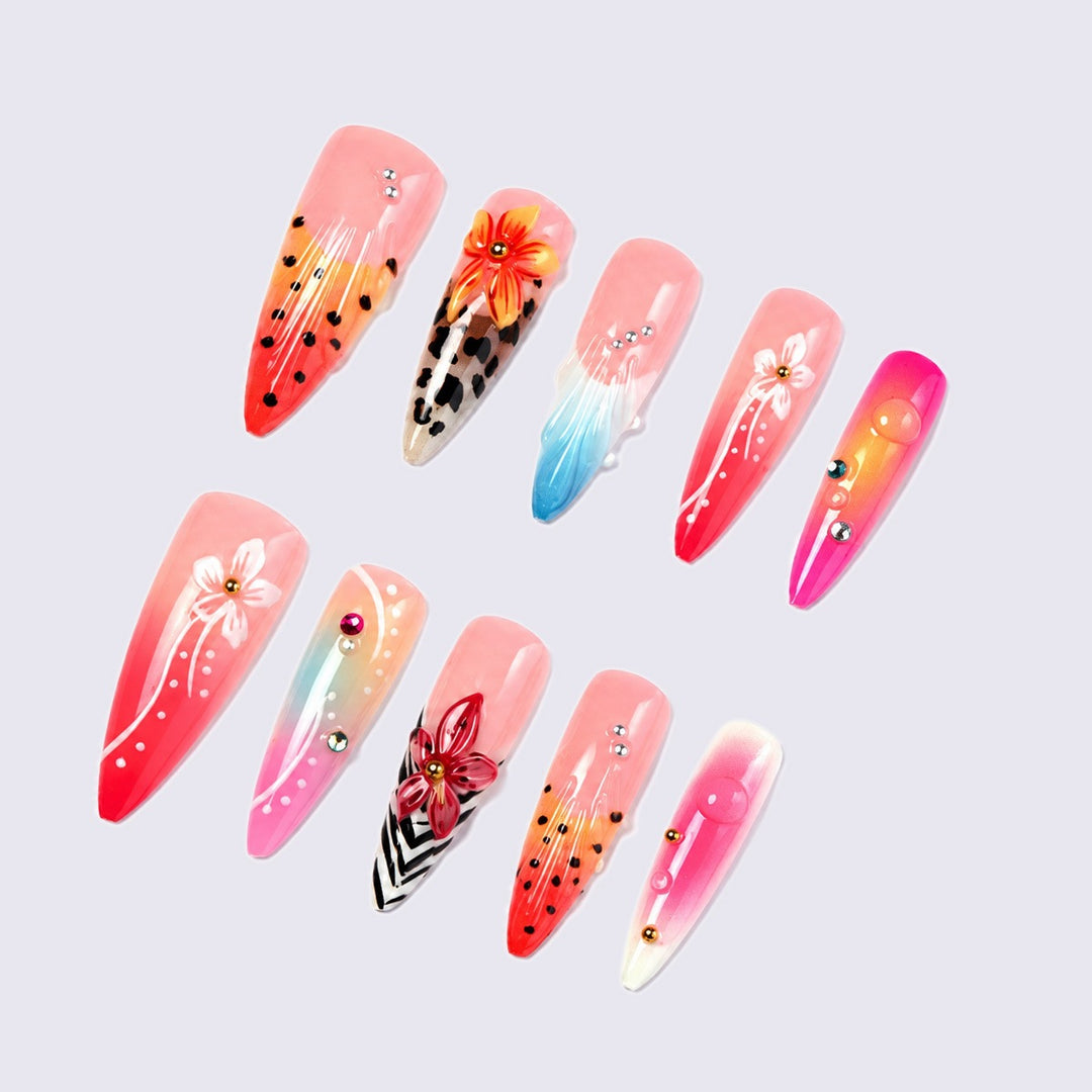 Acrylic nail set with creative floral design and glitter elements Kalsten