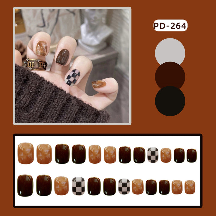 Artistic Press-On Nails with Marble and Checkerboard Design