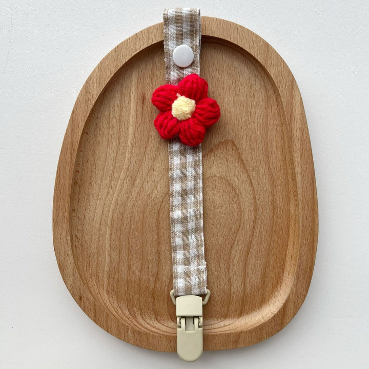 Crocheted Flower Pacifier and Teether Clip with Organic Cotton Strap