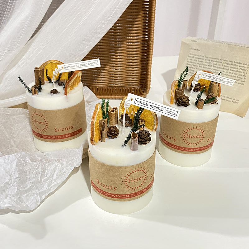 Natural Decorative Soy Pillar Candle with Dried Citrus Pinecone Topper