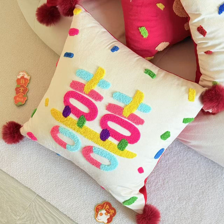 Colorful Chenille Tufted Square Throw Pillow with Plush Pom-Pom Corners and Removable Insert