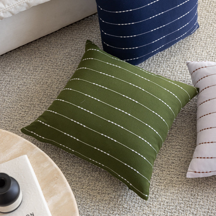Handwoven Square Throw Pillow Cover with Horizontal Beaded Embroidered Stripes