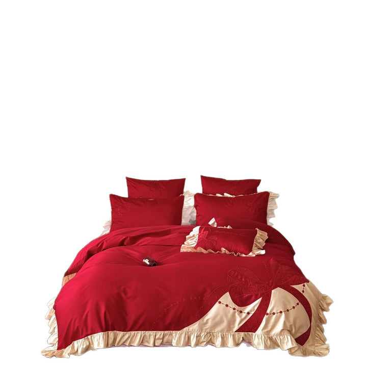 Premium Satin Bed Set with Ruffle Frill and Appliquéd Bow Embroidery Kalsten