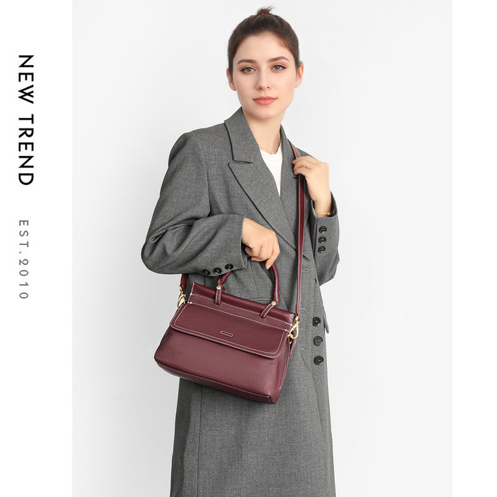 Top-Handle Pebbled Leather Satchel with Contrast Stitching